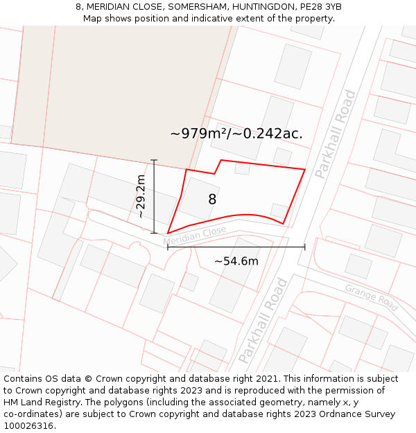 8, MERIDIAN CLOSE, SOMERSHAM, HUNTINGDON, PE28 3YB: Plot and title map
