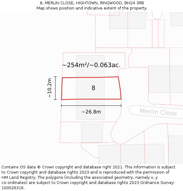 8, MERLIN CLOSE, HIGHTOWN, RINGWOOD, BH24 3RB: Plot and title map