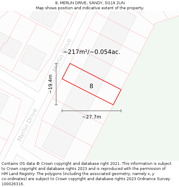 8, MERLIN DRIVE, SANDY, SG19 2UN: Plot and title map