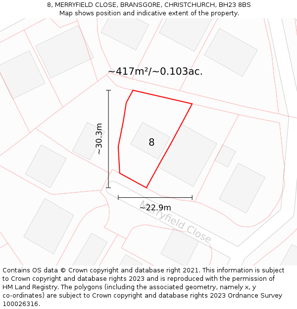 8, MERRYFIELD CLOSE, BRANSGORE, CHRISTCHURCH, BH23 8BS: Plot and title map