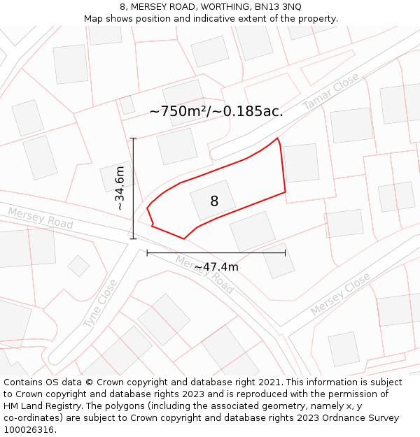 8, MERSEY ROAD, WORTHING, BN13 3NQ: Plot and title map