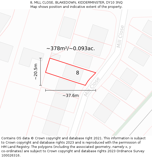 8, MILL CLOSE, BLAKEDOWN, KIDDERMINSTER, DY10 3NQ: Plot and title map