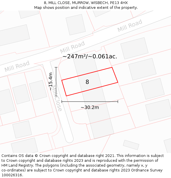 8, MILL CLOSE, MURROW, WISBECH, PE13 4HX: Plot and title map