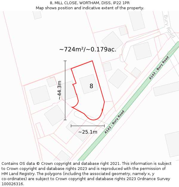 8, MILL CLOSE, WORTHAM, DISS, IP22 1PR: Plot and title map