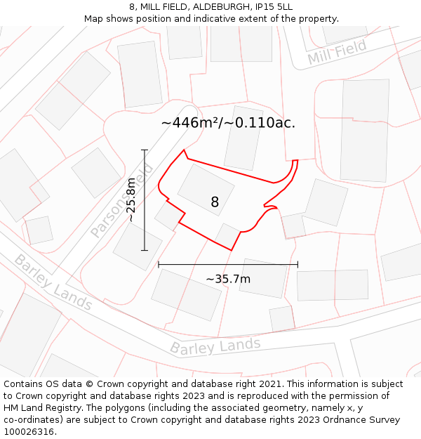 8, MILL FIELD, ALDEBURGH, IP15 5LL: Plot and title map