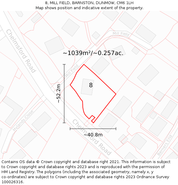 8, MILL FIELD, BARNSTON, DUNMOW, CM6 1LH: Plot and title map