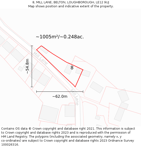8, MILL LANE, BELTON, LOUGHBOROUGH, LE12 9UJ: Plot and title map