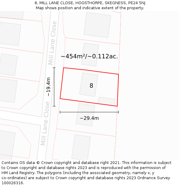 8, MILL LANE CLOSE, HOGSTHORPE, SKEGNESS, PE24 5NJ: Plot and title map