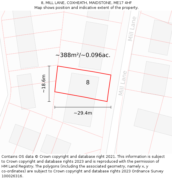 8, MILL LANE, COXHEATH, MAIDSTONE, ME17 4HF: Plot and title map