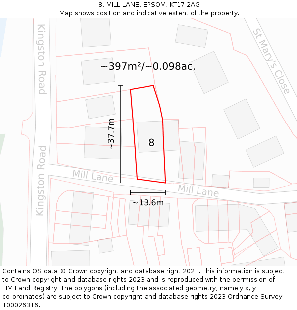 8, MILL LANE, EPSOM, KT17 2AG: Plot and title map