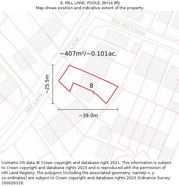8, MILL LANE, POOLE, BH14 8RJ: Plot and title map
