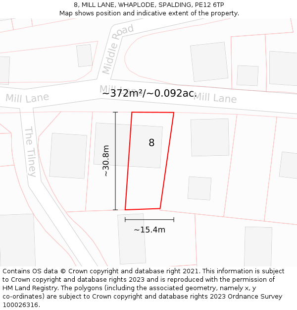 8, MILL LANE, WHAPLODE, SPALDING, PE12 6TP: Plot and title map