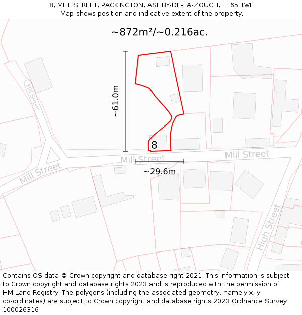 8, MILL STREET, PACKINGTON, ASHBY-DE-LA-ZOUCH, LE65 1WL: Plot and title map