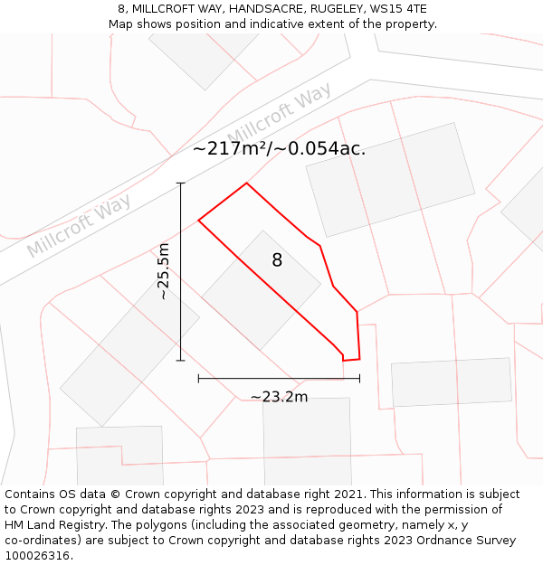 8, MILLCROFT WAY, HANDSACRE, RUGELEY, WS15 4TE: Plot and title map