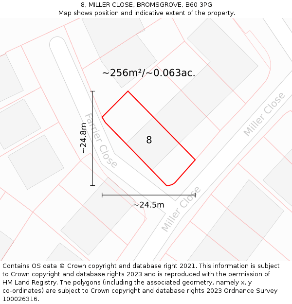 8, MILLER CLOSE, BROMSGROVE, B60 3PG: Plot and title map