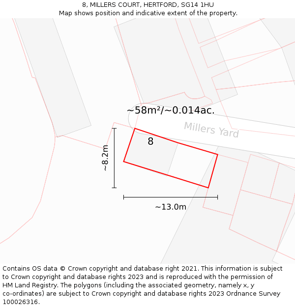 8, MILLERS COURT, HERTFORD, SG14 1HU: Plot and title map