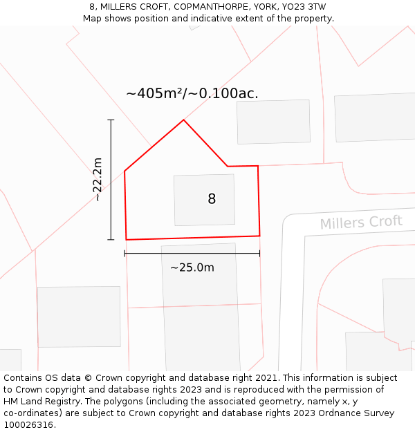8, MILLERS CROFT, COPMANTHORPE, YORK, YO23 3TW: Plot and title map