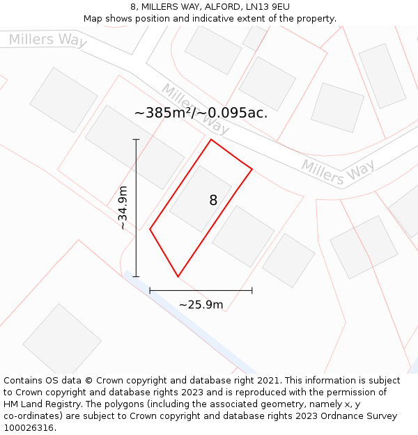 8, MILLERS WAY, ALFORD, LN13 9EU: Plot and title map