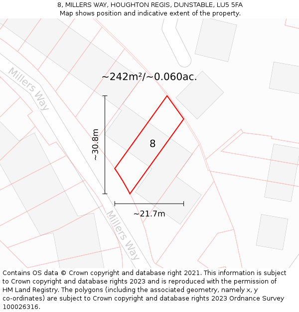 8, MILLERS WAY, HOUGHTON REGIS, DUNSTABLE, LU5 5FA: Plot and title map