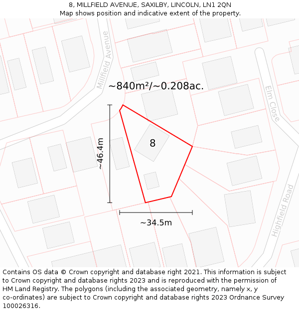 8, MILLFIELD AVENUE, SAXILBY, LINCOLN, LN1 2QN: Plot and title map