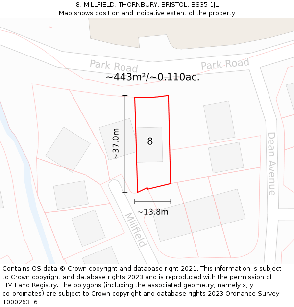 8, MILLFIELD, THORNBURY, BRISTOL, BS35 1JL: Plot and title map