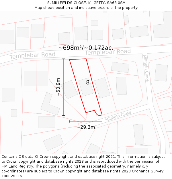 8, MILLFIELDS CLOSE, KILGETTY, SA68 0SA: Plot and title map