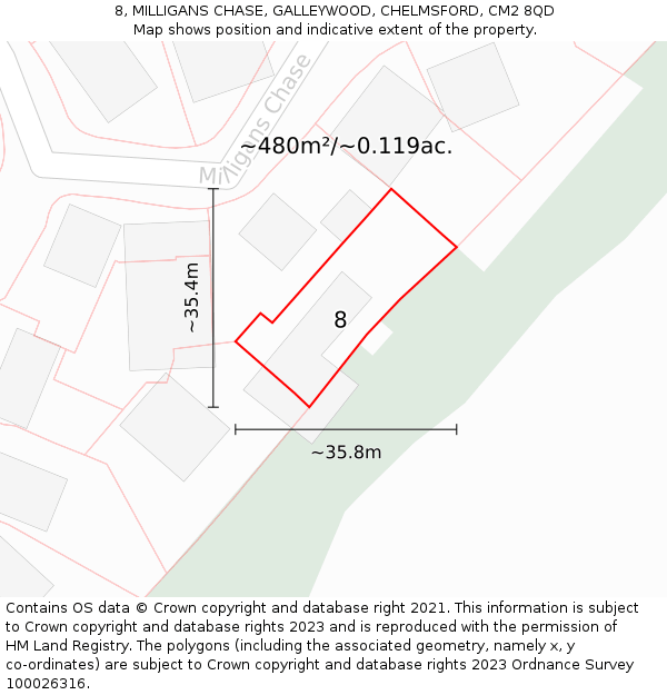 8, MILLIGANS CHASE, GALLEYWOOD, CHELMSFORD, CM2 8QD: Plot and title map