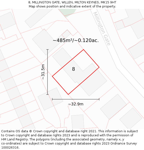 8, MILLINGTON GATE, WILLEN, MILTON KEYNES, MK15 9HT: Plot and title map