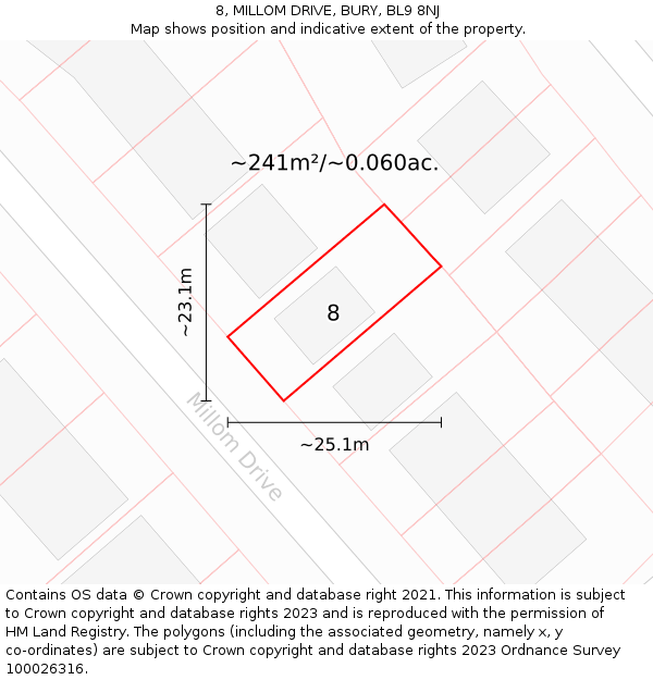 8, MILLOM DRIVE, BURY, BL9 8NJ: Plot and title map