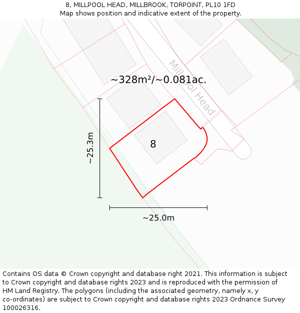 8, MILLPOOL HEAD, MILLBROOK, TORPOINT, PL10 1FD: Plot and title map