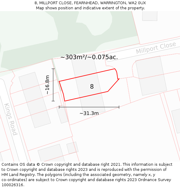 8, MILLPORT CLOSE, FEARNHEAD, WARRINGTON, WA2 0UX: Plot and title map