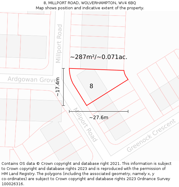 8, MILLPORT ROAD, WOLVERHAMPTON, WV4 6BQ: Plot and title map