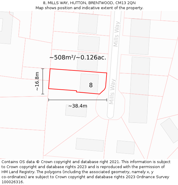 8, MILLS WAY, HUTTON, BRENTWOOD, CM13 2QN: Plot and title map