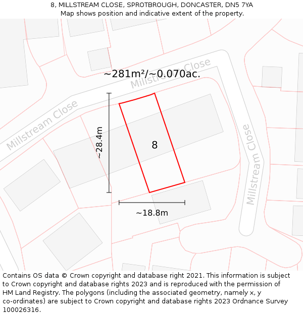 8, MILLSTREAM CLOSE, SPROTBROUGH, DONCASTER, DN5 7YA: Plot and title map