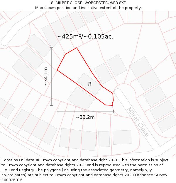 8, MILRET CLOSE, WORCESTER, WR3 8XF: Plot and title map