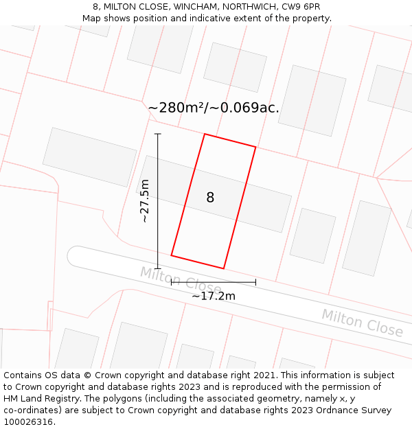 8, MILTON CLOSE, WINCHAM, NORTHWICH, CW9 6PR: Plot and title map