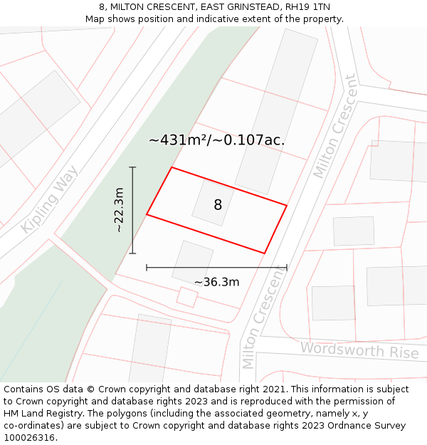 8, MILTON CRESCENT, EAST GRINSTEAD, RH19 1TN: Plot and title map