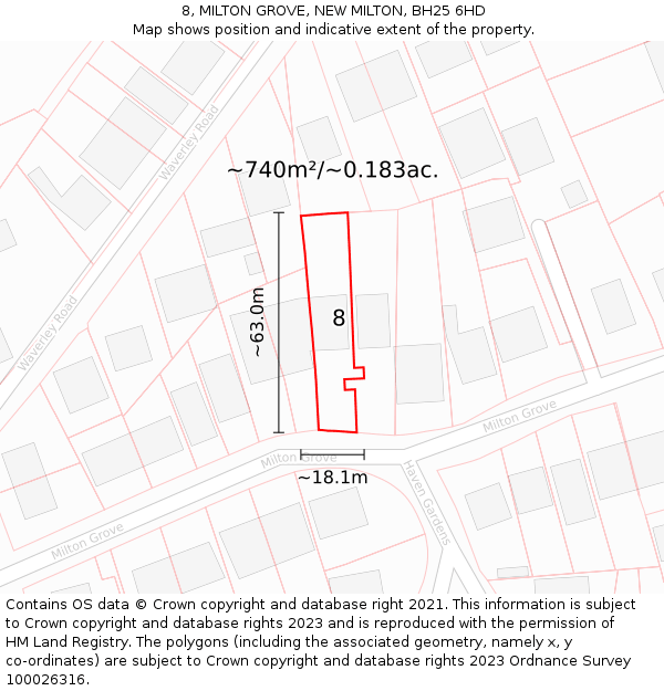 8, MILTON GROVE, NEW MILTON, BH25 6HD: Plot and title map