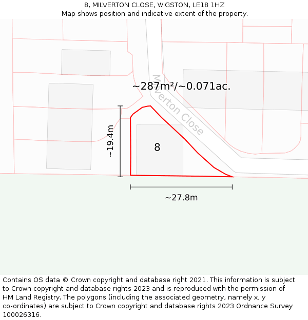 8, MILVERTON CLOSE, WIGSTON, LE18 1HZ: Plot and title map
