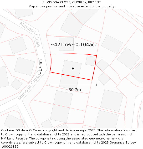 8, MIMOSA CLOSE, CHORLEY, PR7 1BT: Plot and title map