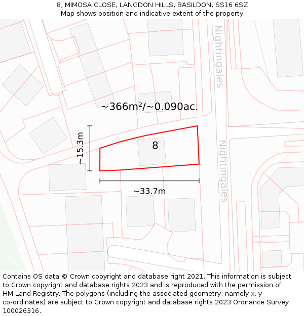 8, MIMOSA CLOSE, LANGDON HILLS, BASILDON, SS16 6SZ: Plot and title map