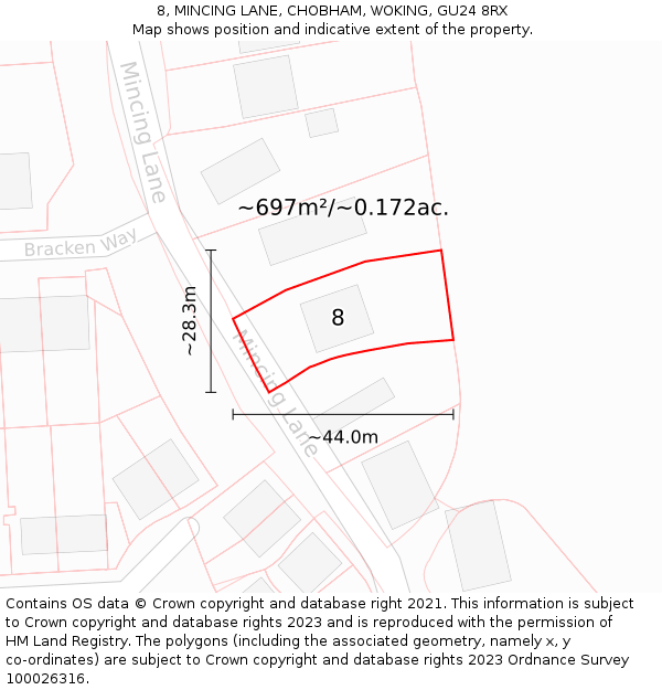 8, MINCING LANE, CHOBHAM, WOKING, GU24 8RX: Plot and title map