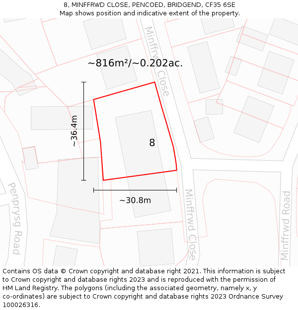 8, MINFFRWD CLOSE, PENCOED, BRIDGEND, CF35 6SE: Plot and title map