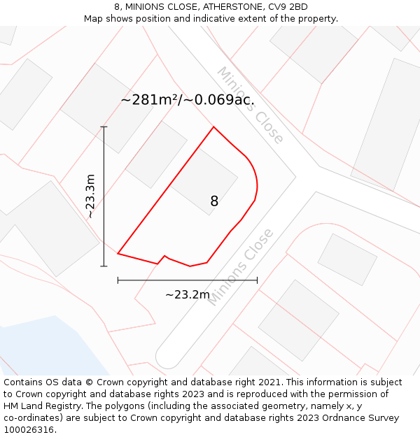 8, MINIONS CLOSE, ATHERSTONE, CV9 2BD: Plot and title map
