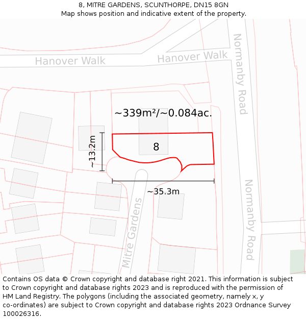 8, MITRE GARDENS, SCUNTHORPE, DN15 8GN: Plot and title map