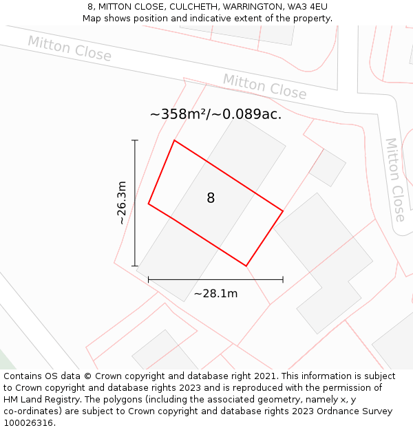 8, MITTON CLOSE, CULCHETH, WARRINGTON, WA3 4EU: Plot and title map