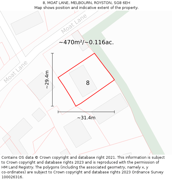 8, MOAT LANE, MELBOURN, ROYSTON, SG8 6EH: Plot and title map