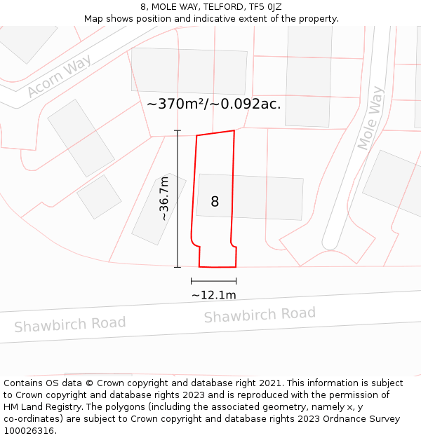 8, MOLE WAY, TELFORD, TF5 0JZ: Plot and title map