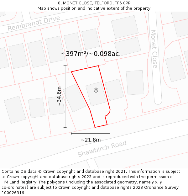 8, MONET CLOSE, TELFORD, TF5 0PP: Plot and title map