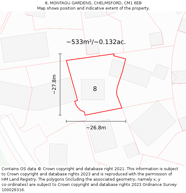 8, MONTAGU GARDENS, CHELMSFORD, CM1 6EB: Plot and title map